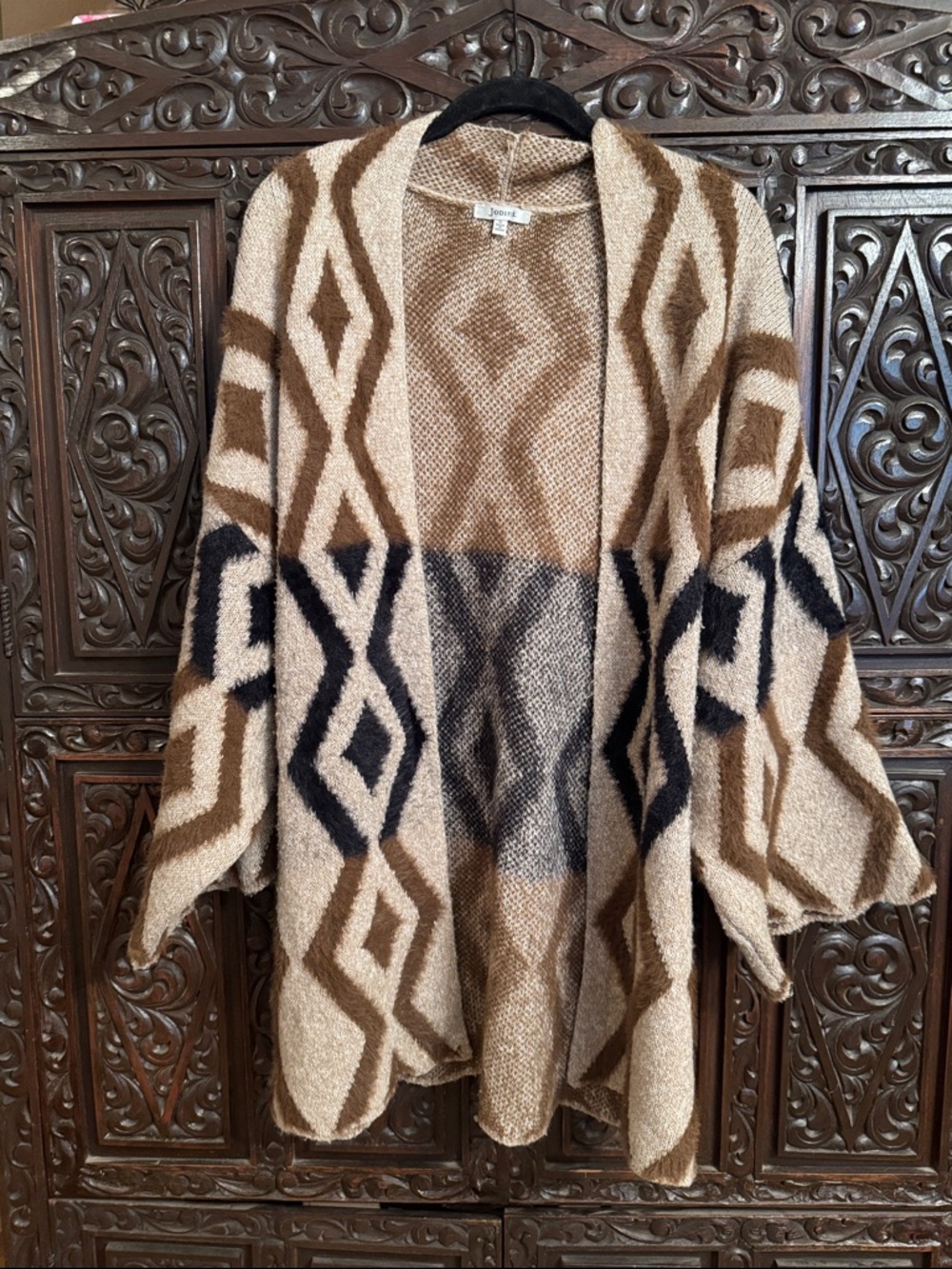 JODIFL Geometric Open-Front Cardigan in Tan, Brown & Black